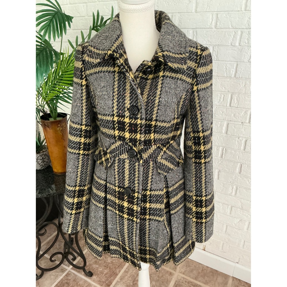 American Rag Plaid Coat Women Small Grey Yellow Excellent Wool Blend Pea Coat